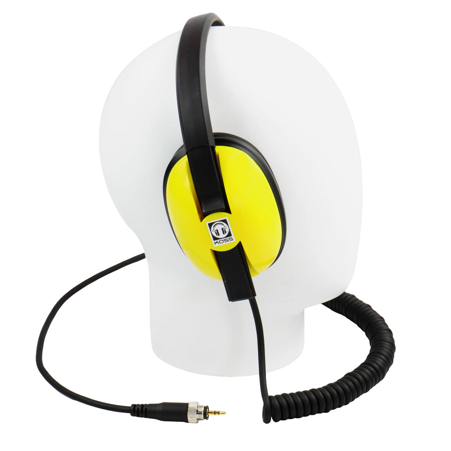Side view of the yellow and black Minelab Waterproof Headphones for Equinox & Manticore, shown on a white wig stand