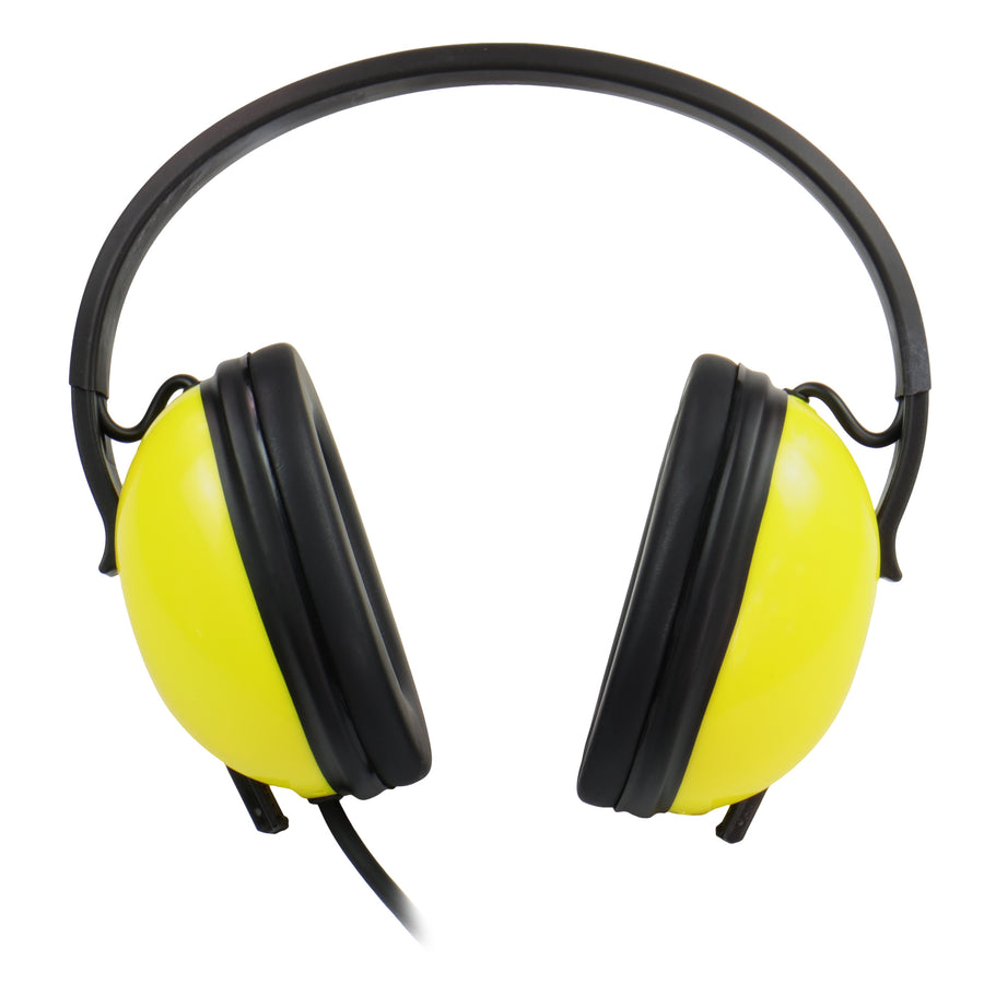Front view of the yellow and black Minelab Waterproof Headphones for Equinox & Manticore, shown against a white background