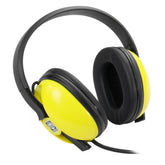 Close up of the yellow and black Minelab Waterproof Headphones for Equinox & Manticore, shown against a white background