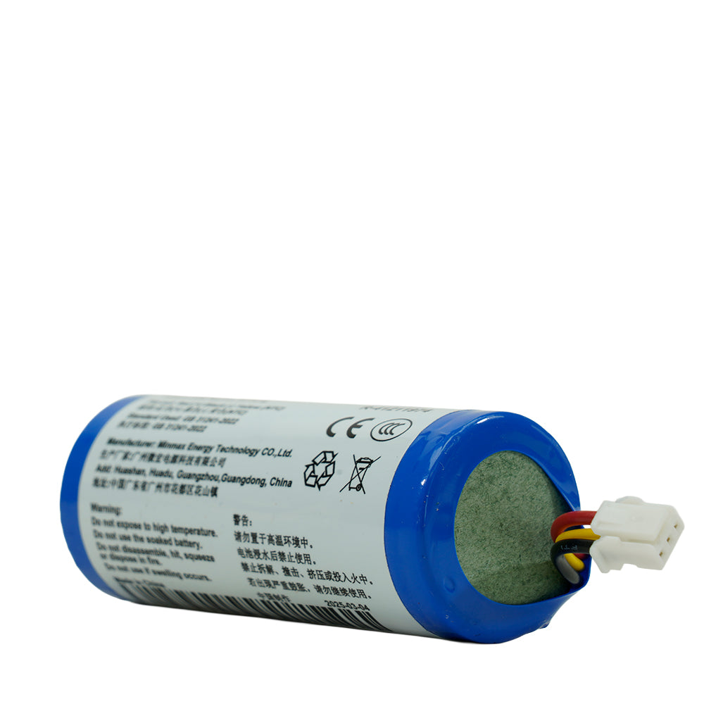 A cylindrical lithium-ion replacement battery with a blue and white label, featuring a white connector plug with red, yellow, and black wires, shown on a plain white background.