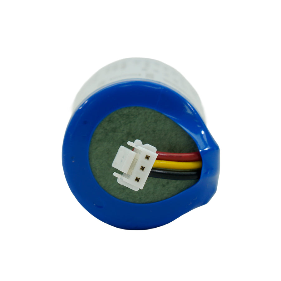 A cylindrical replacement battery with a blue outer casing, a white top cap, and a green internal terminal area showing a white multi-pin connector with red, yellow, and black wires.