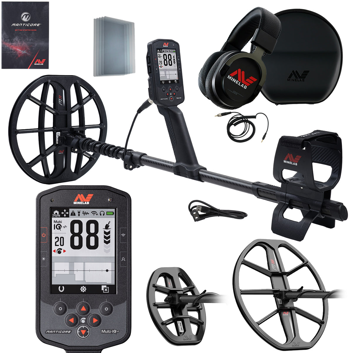An image showcasing the MINELAB Manticore High Power Metal Detector with two coils (M8 and M15), factory included items like the M11 Coil with Skidplate, and accessories such as screen protectors, charging cables, and headphones. The detector is displayed alongside its control unit with a large screen and intuitive interface.