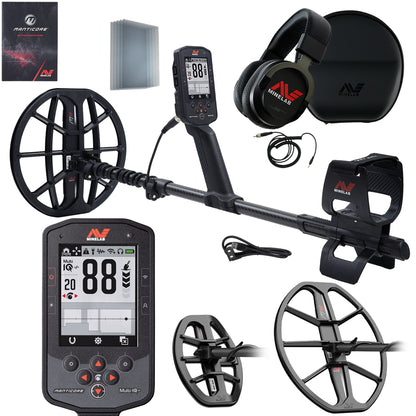 An image showcasing the MINELAB Manticore High Power Metal Detector with two coils (M8 and M15), factory included items like the M11 Coil with Skidplate, and accessories such as screen protectors, charging cables, and headphones. The detector is displayed alongside its control unit with a large screen and intuitive interface.