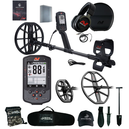 A metal detector bundle on a white background, including a black metal detector with a digital display, two coil views, a carrying bag, headphones, a black  hat, a shovel, a ground digger, a camouflage pouch, and accessories