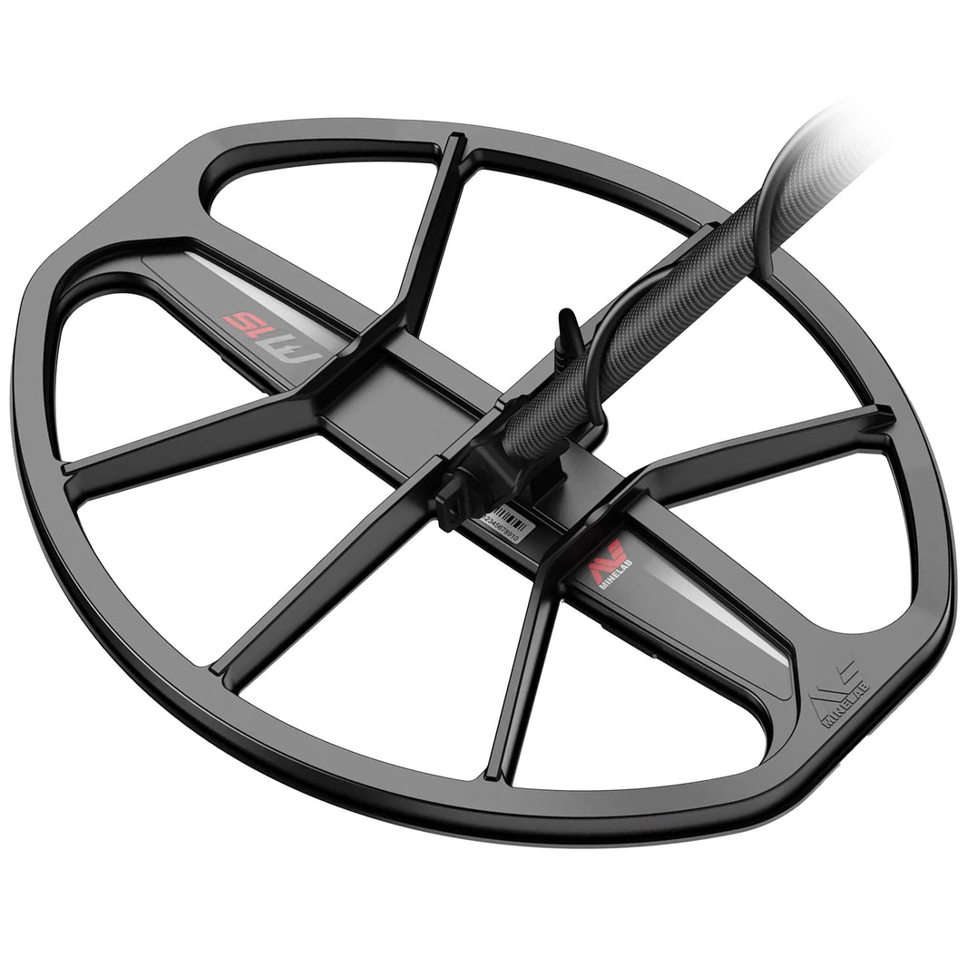 Side view of the Minelab M15 15 x 12 inch elliptical Double-D waterproof search coil with fitted skidplate for Manticore metal detector, shown against a white background.