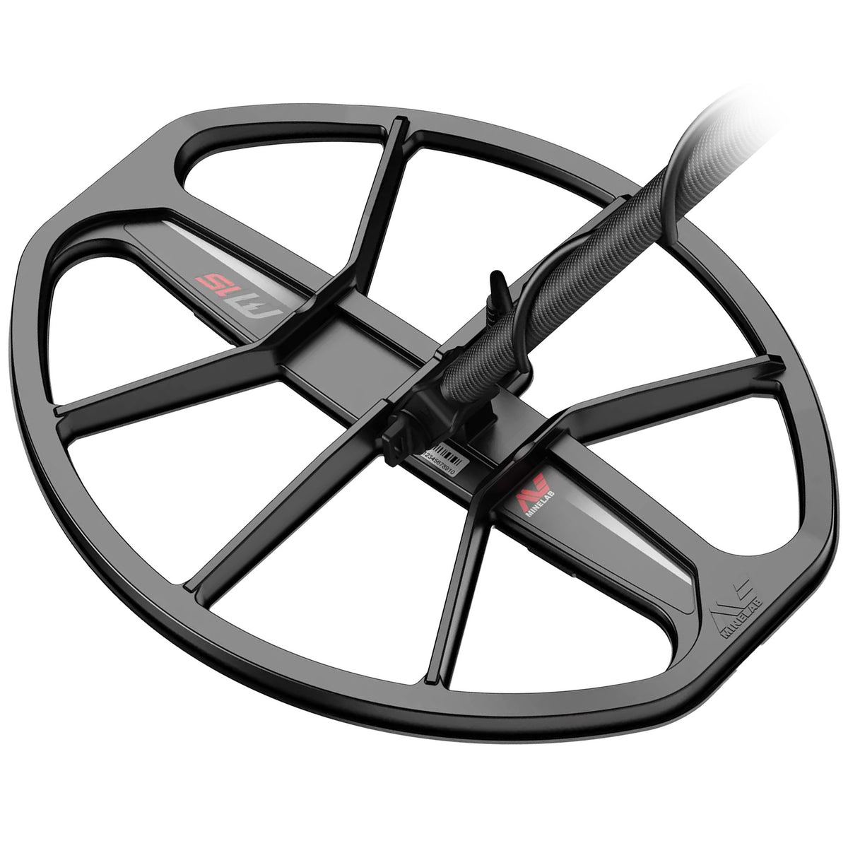 Side view of the Minelab M15 15 x 12 inch elliptical Double-D waterproof search coil with fitted skidplate for Manticore metal detector, shown against a white background.