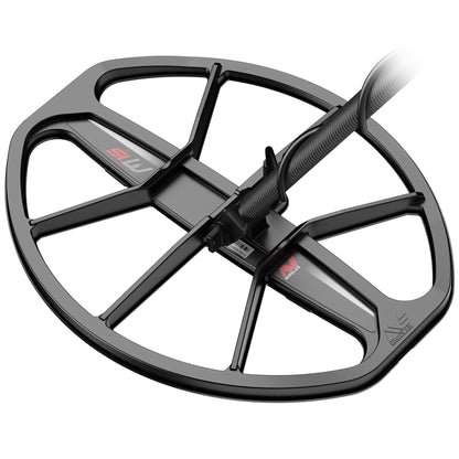 Side view of the Minelab M15 15 x 12 inch elliptical Double-D waterproof search coil with fitted skidplate for Manticore metal detector, shown against a white background.