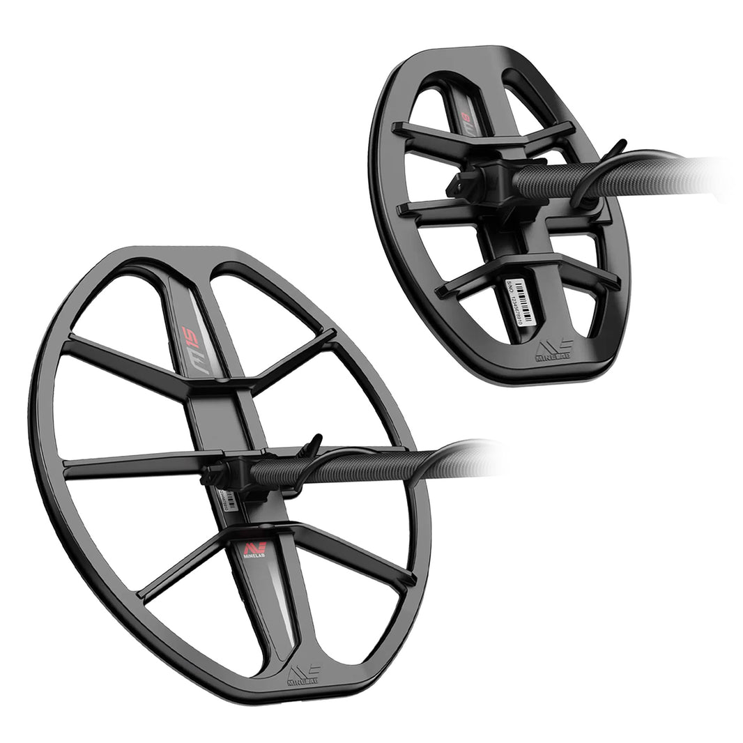 The Minelab M-15 and M-8 search coils are shown side by side against a white background.