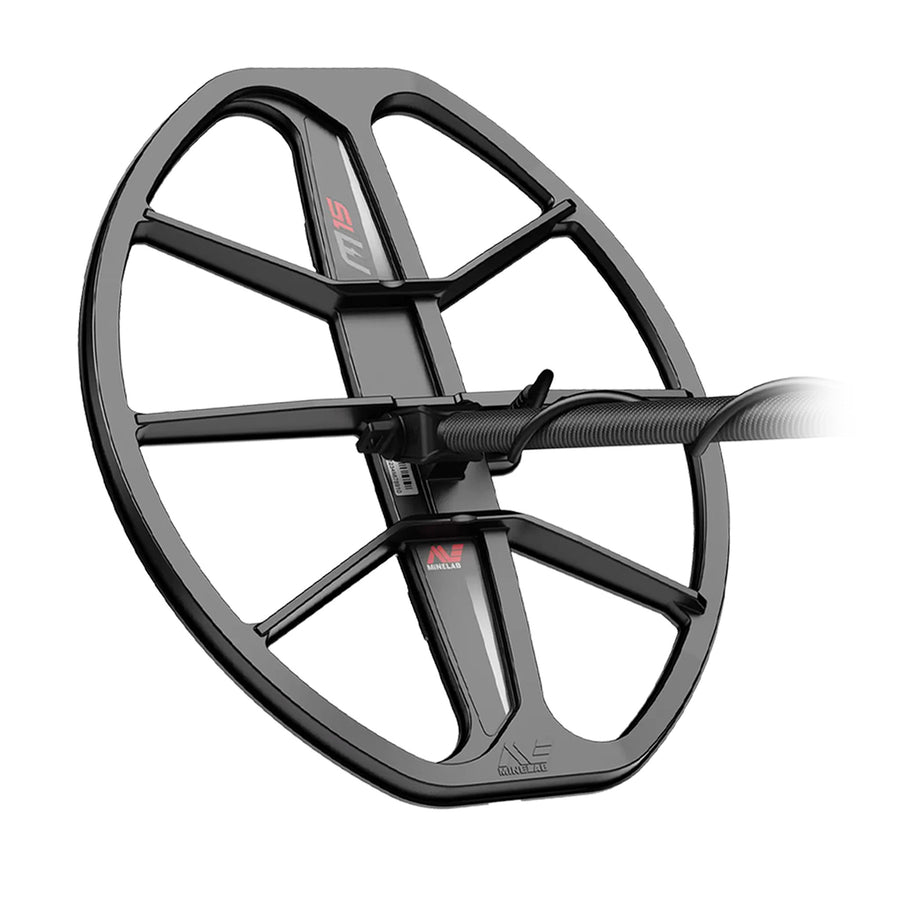 A closeup of the Minelab M-15 search coil is shown against a white background