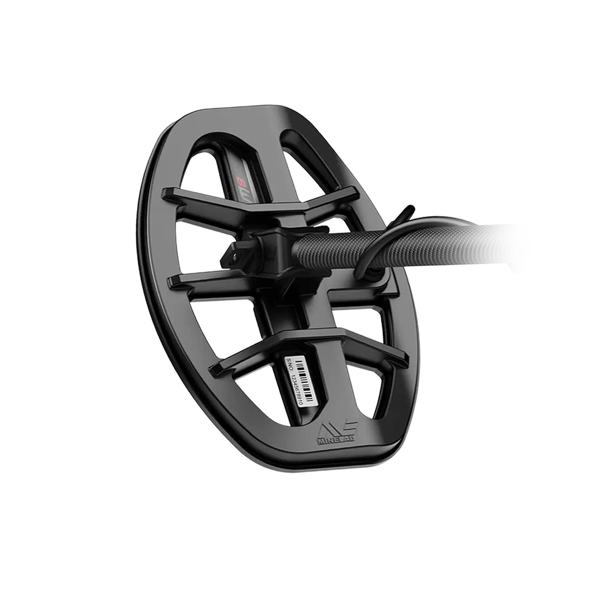 A closeup of the Minelab M-8 search coil is shown against a white background