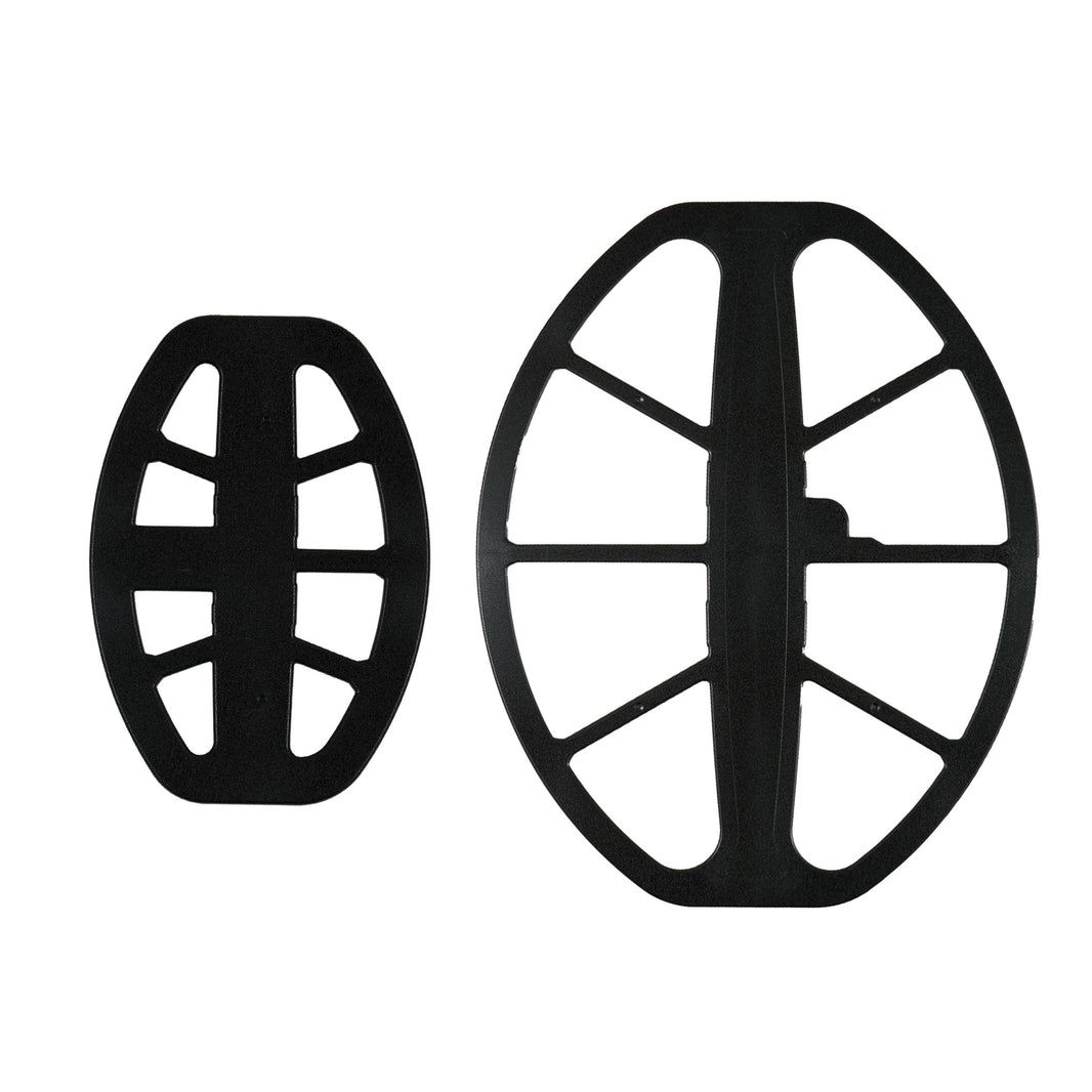 The undersides of the Minelab M-15 and M-8 search coils are shown side by side against a white background.