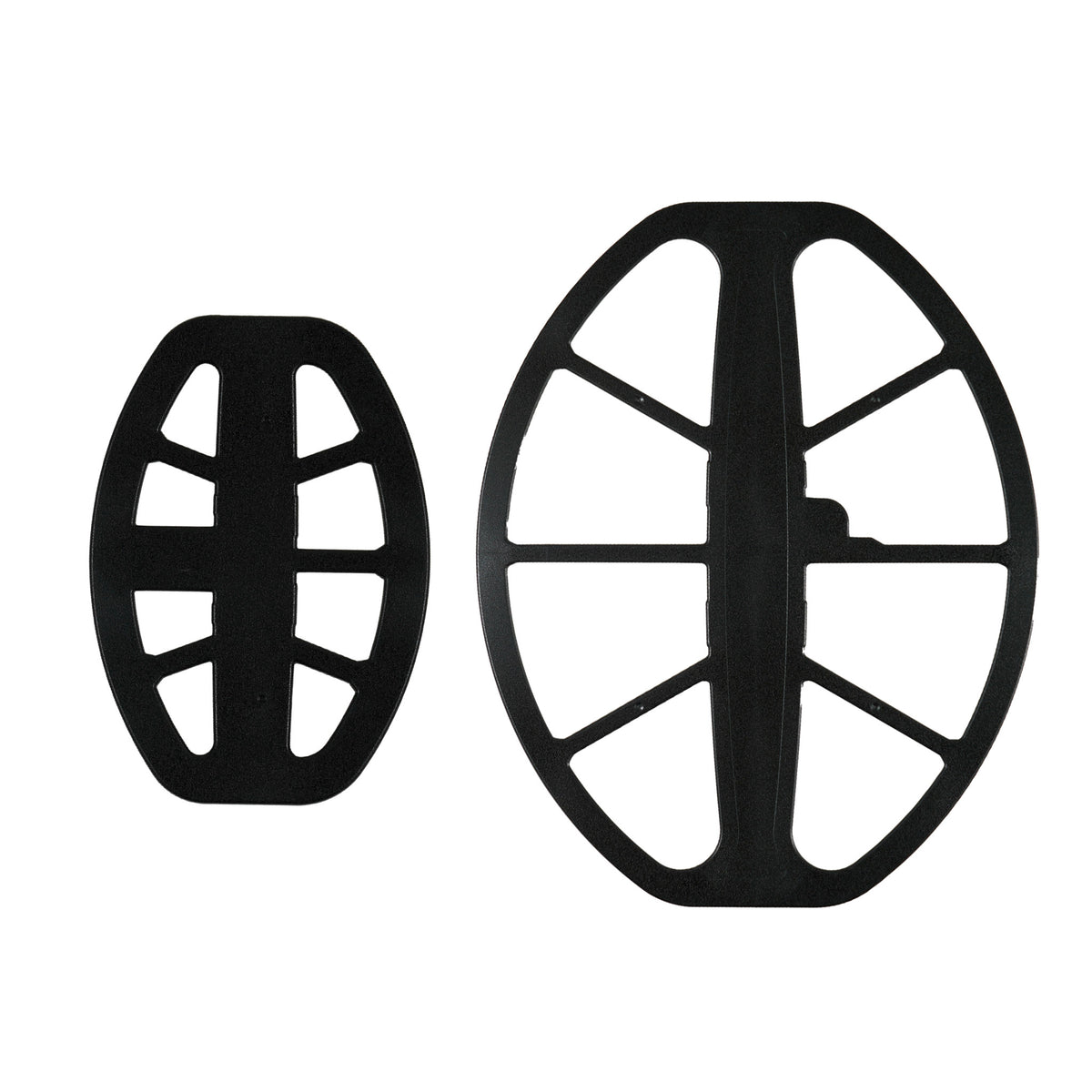 The undersides of the Minelab M-15 and M-8 search coils are shown side by side against a white background.