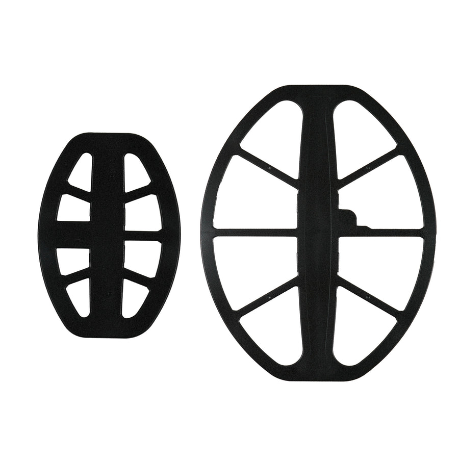 The undersides of the Minelab M-15 and M-8 search coils are shown side by side against a white background.