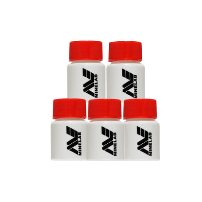 Five white bottles with red caps and Minelab logo on a white background