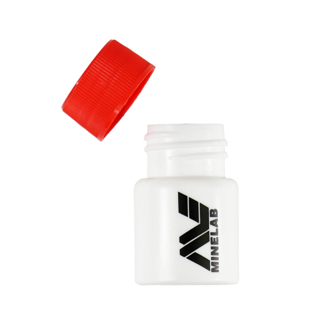 one white bottle with red cap and Minelab logo on a white background