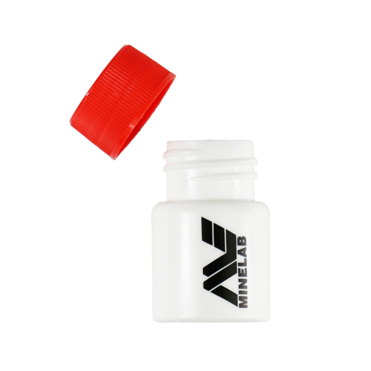one white bottle with red cap and Minelab logo on a white background