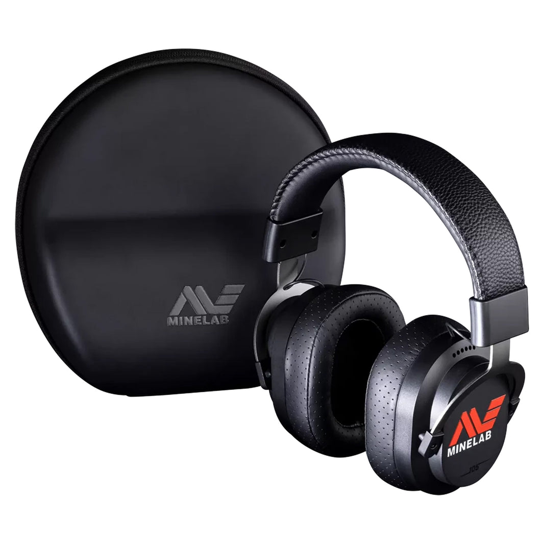 Black Minelab over-ear headphones with a matching black circular carrying case, shown on a clean white background.
