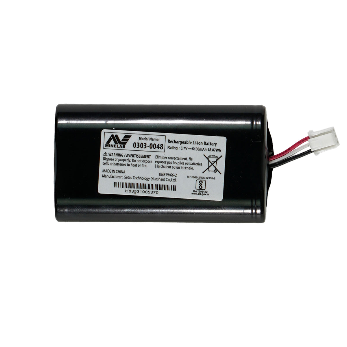 Minelab Li-ion Rechargeable Battery Pack for Equinox black with wires backside with label and battery information