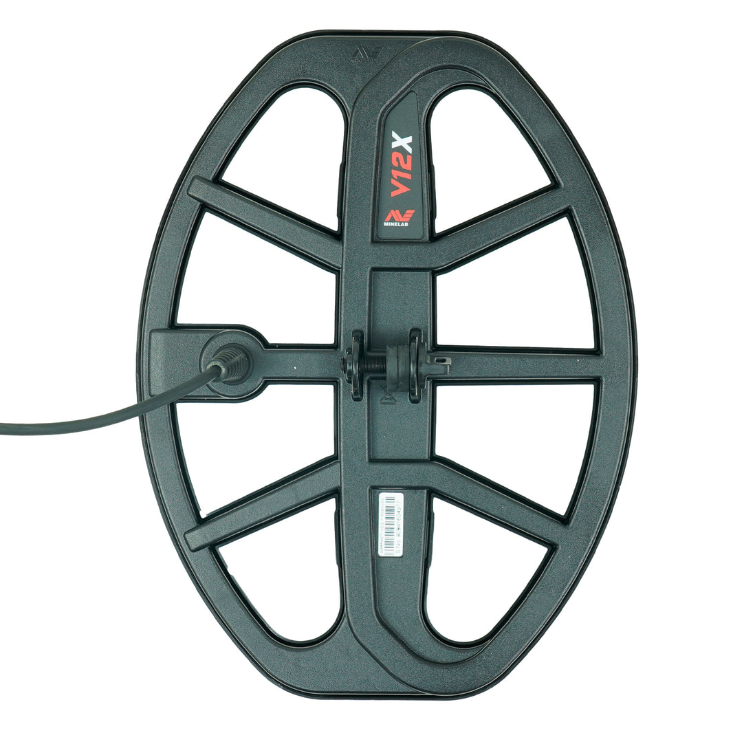 Minelab V12X 12x9 elliptical DD waterproof search coil with protective skid plate and red branding label