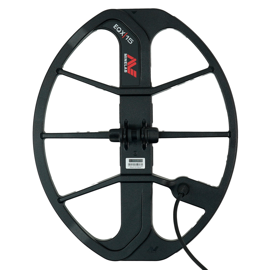 Minelab EQX 15 15 x 12 in Double-D Smart Coil included in the Equinox 900 bundle, top view with cable