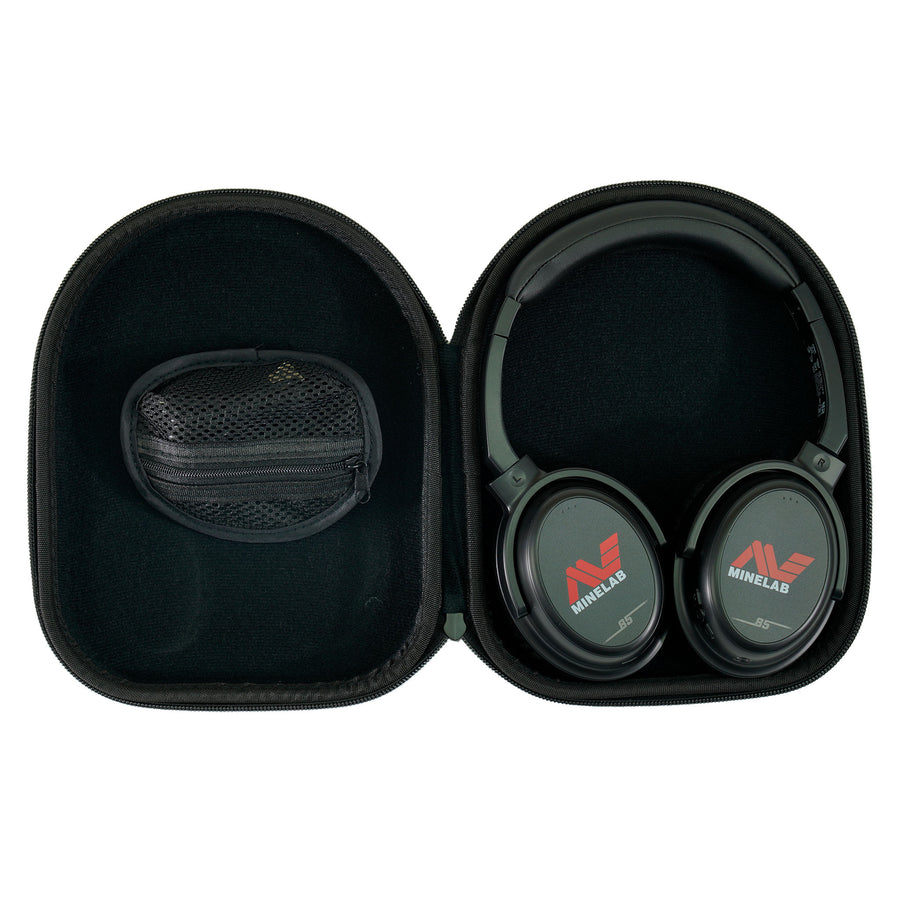 ML85 headphones folded and stored inside protective carrying case