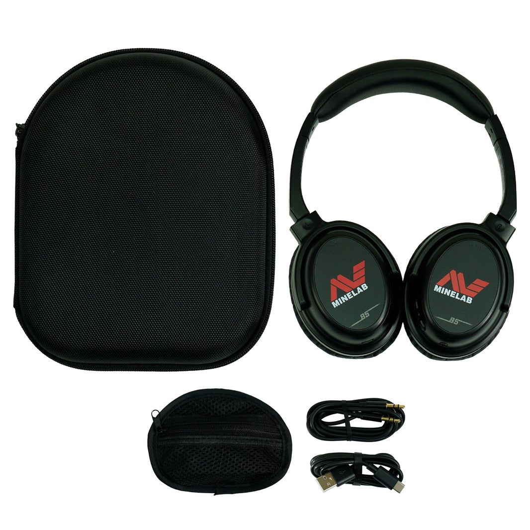 Minelab ML85 headphones with charging cable and carrying case accessories