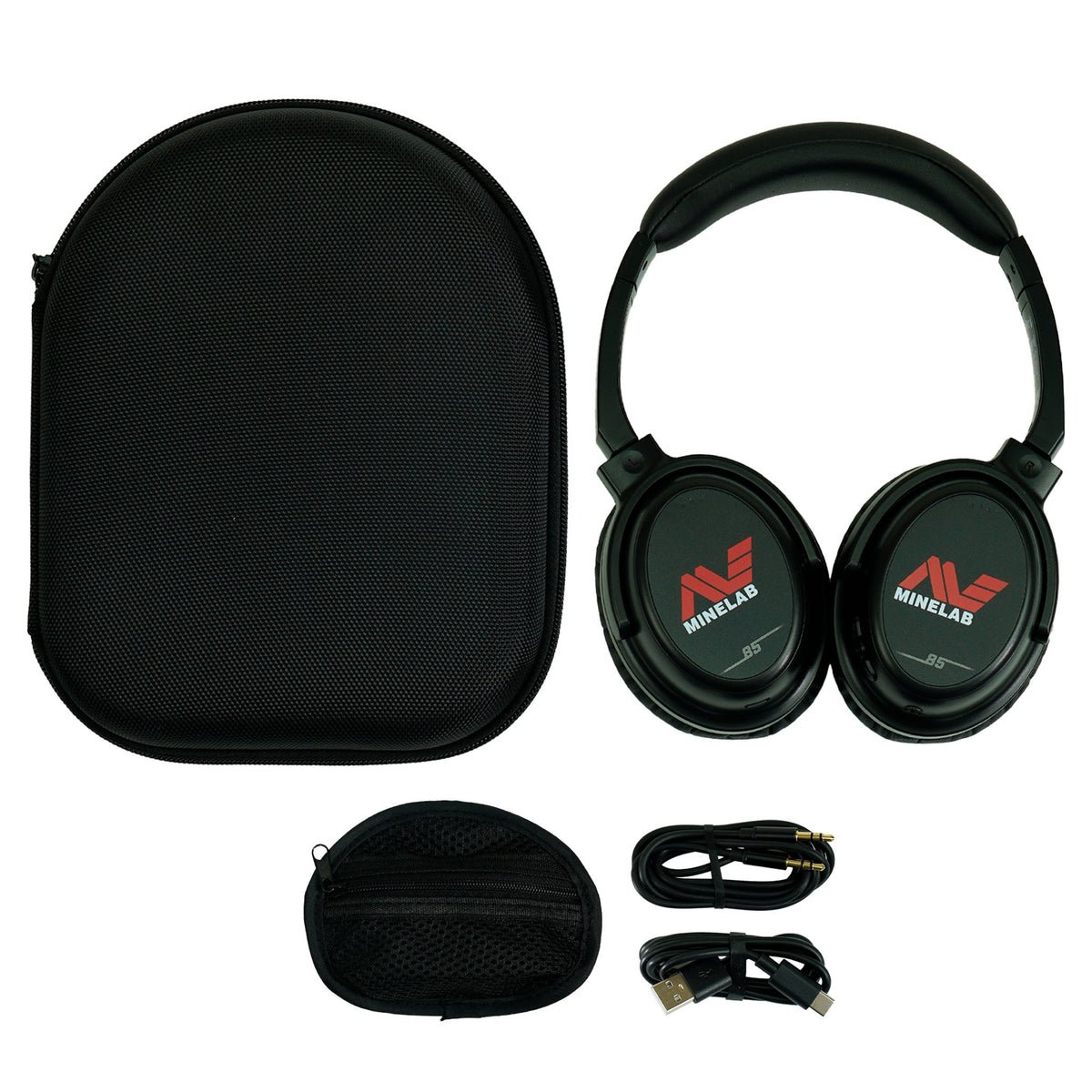 Minelab ML85 headphones with charging cable and carrying case accessories