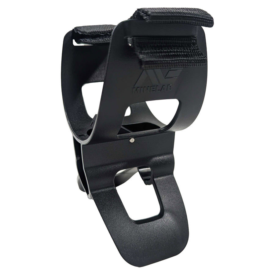 Minelab Equinox armrest installed on detector shaft showing proper positioning