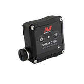 Angled view of the Minelab WM 09 wireless audio module for Equinox and Manticore detectors, shown against a white background