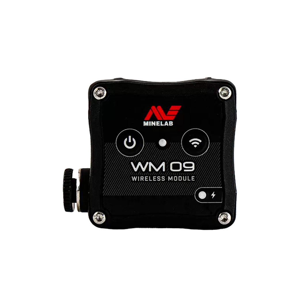 Side view of the Minelab WM 09 wireless audio module for Equinox and Manticore detectors, shown against a white background