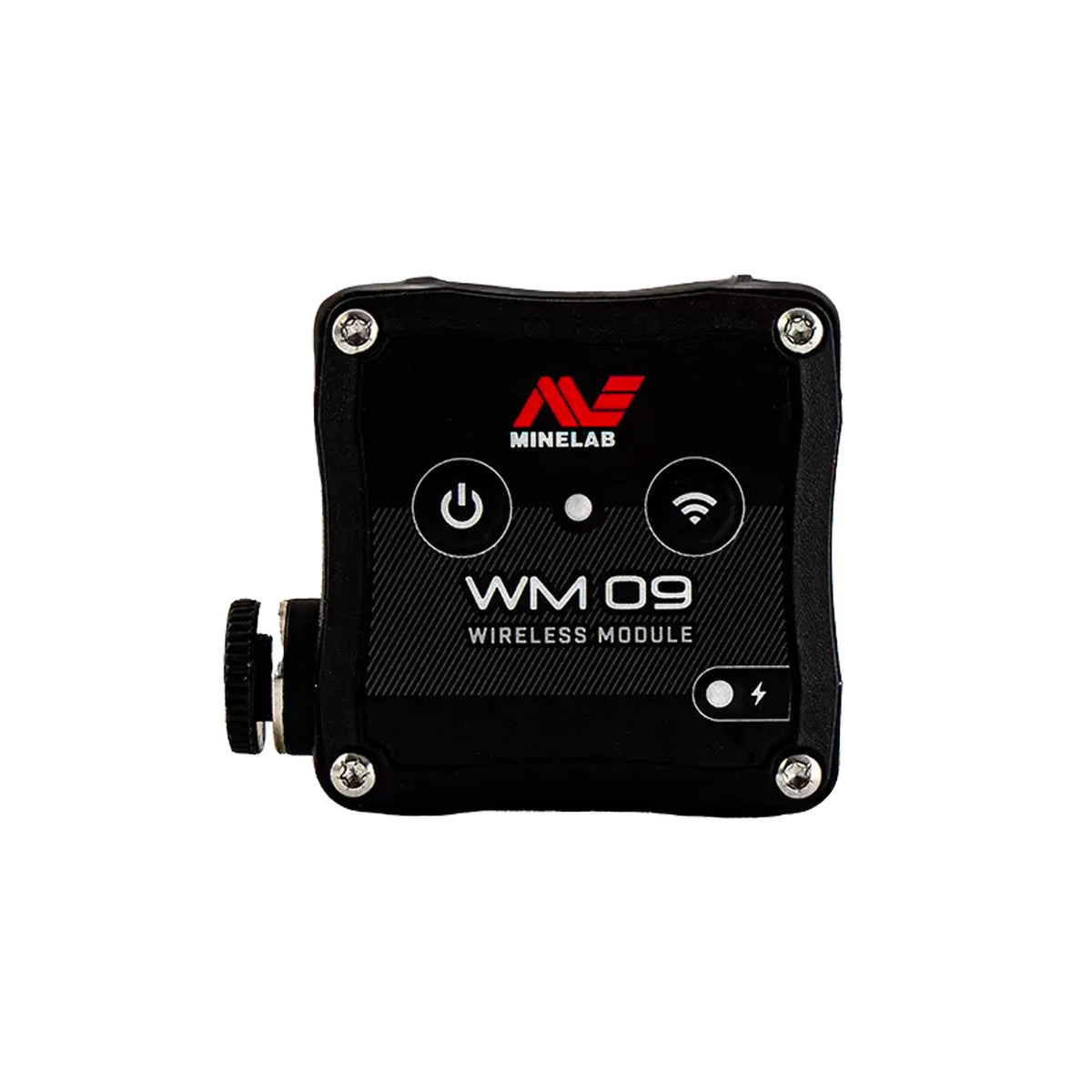 Side view of the Minelab WM 09 wireless audio module for Equinox and Manticore detectors, shown against a white background