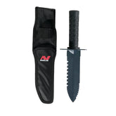 Black digging knife with a sheath featuring a visible brand logo on a white background