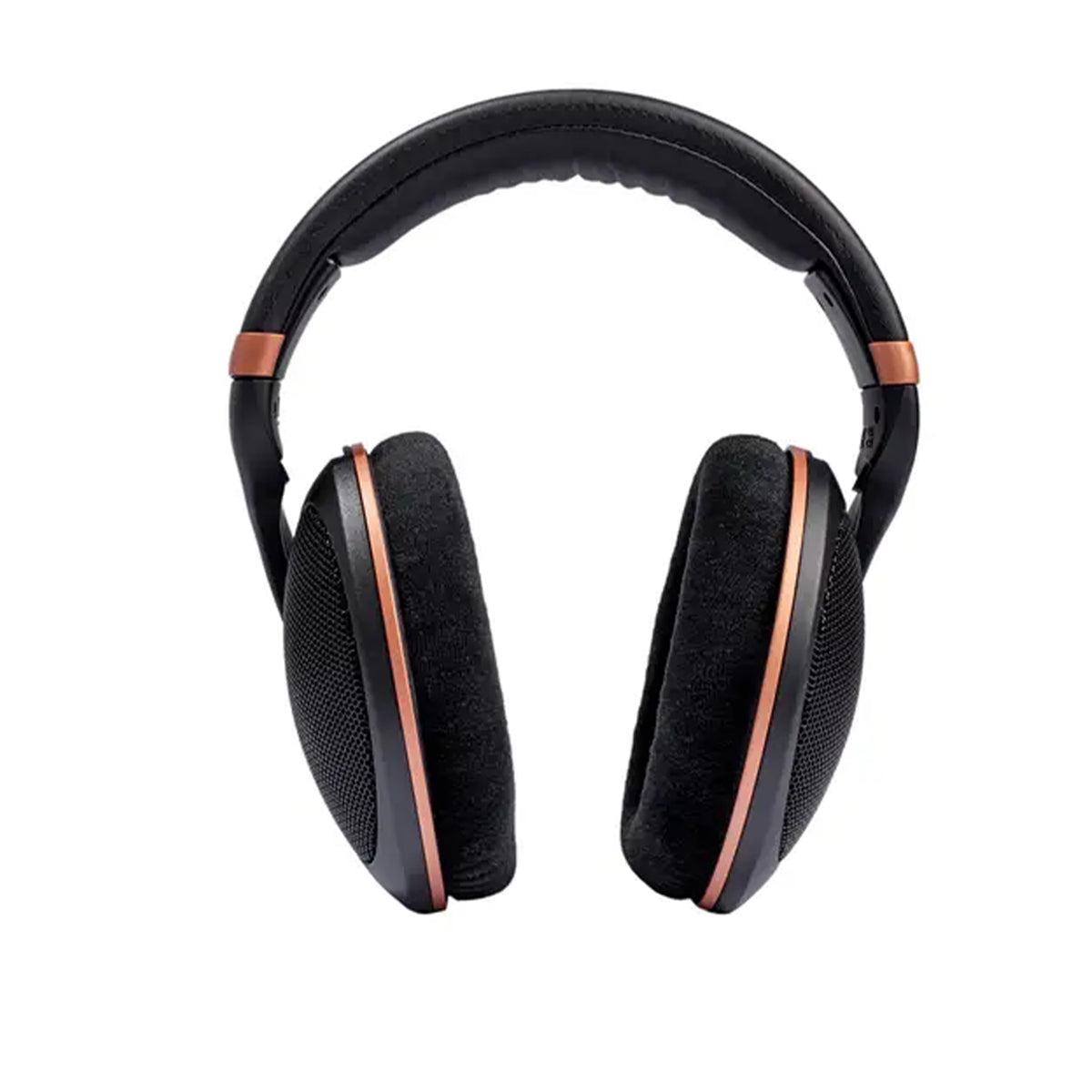 black and copper headphones on white blackground