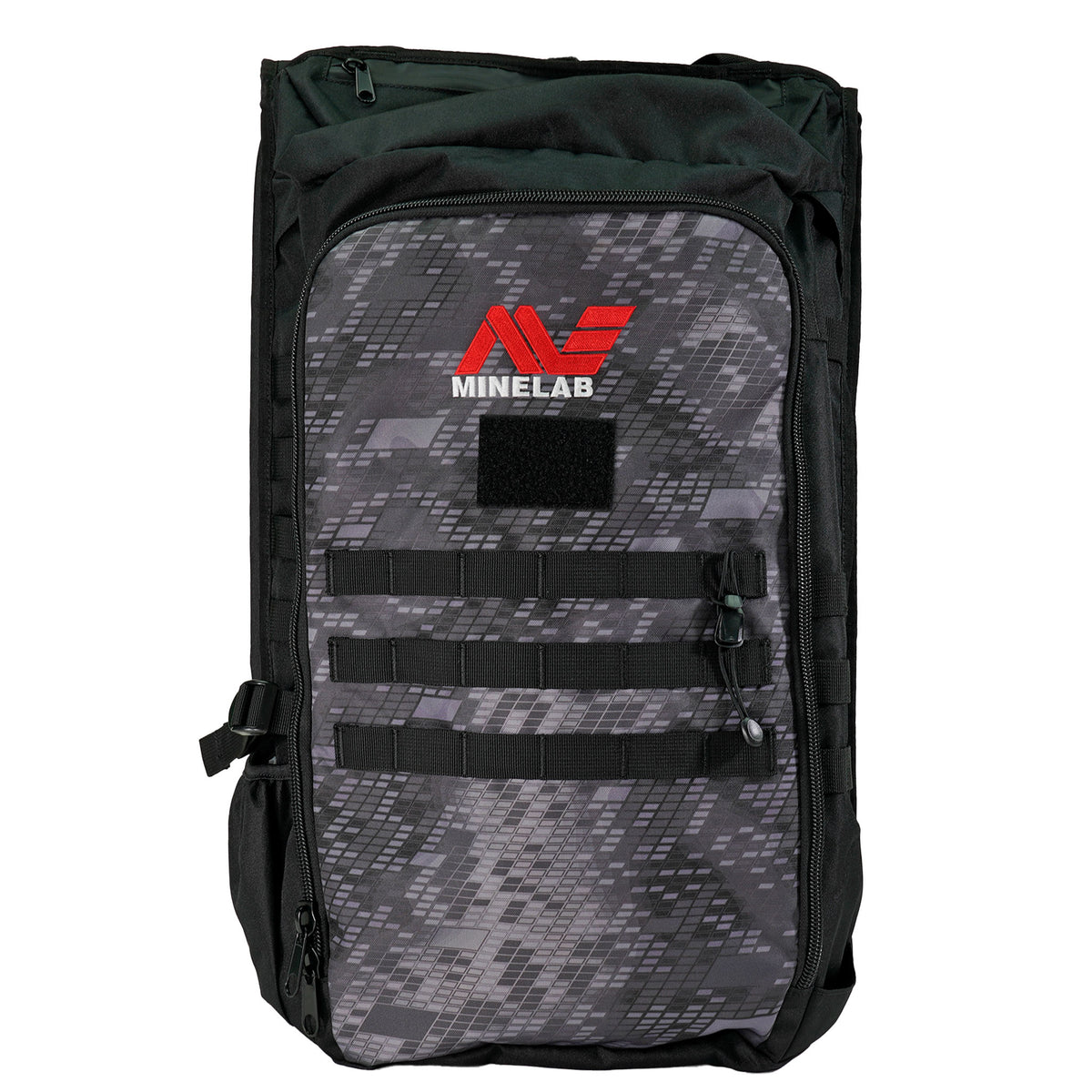 Minelab Detector Backpack front view with Minelab red and white logo.  Backpack is black and camo black