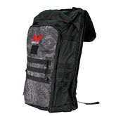 Minelab Detector Backpack side view with flap.  Bag has Minelab red and white logo.  Backpack is black and camo black