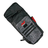Minelab Detector Backpack flat view with with flap extended.  Pinpointer in holster on the side for display purposes. Backpack is black and camo black with red and white Minelab logo