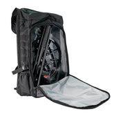 Minelab backpack with Manticore displayed inside.  Elastic accessory straps on the side and small pocket