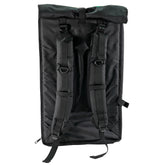Minelab Detector Backpack back view with padded shoulder adjustable shoulder straps.  Back of backpack is black.