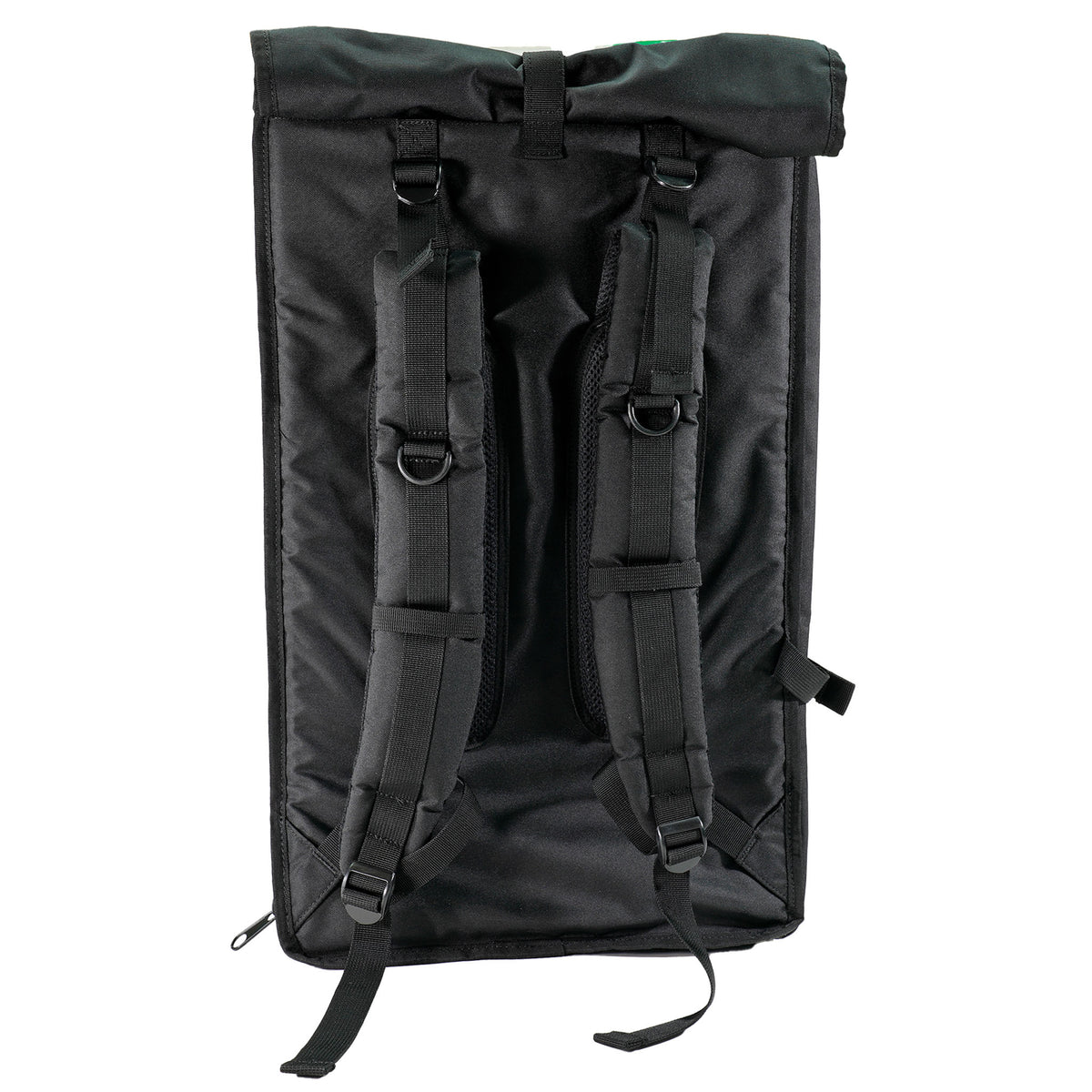 Minelab Detector Backpack back view with padded shoulder adjustable shoulder straps.  Back of backpack is black.