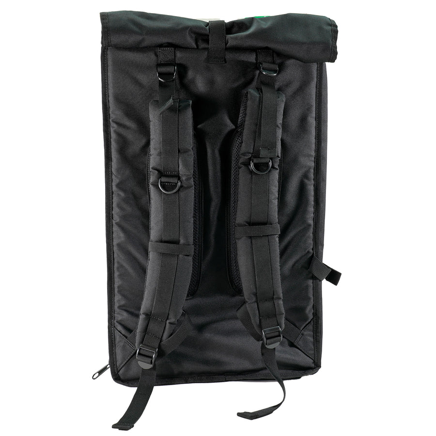 Minelab Detector Backpack back view with padded shoulder adjustable shoulder straps.  Back of backpack is black.