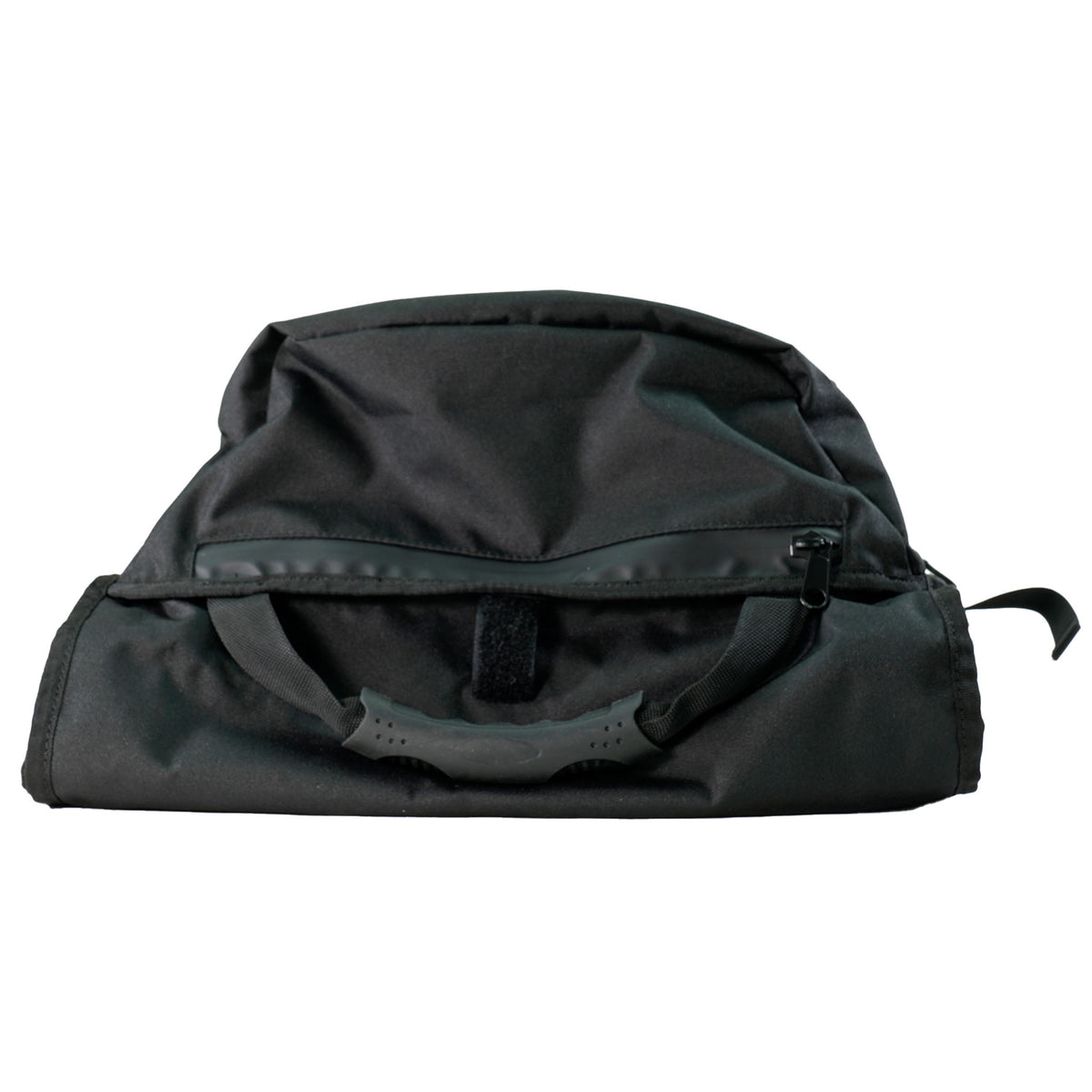 Minelab Detector Backpack flat top view with rubber handle and pouch pocket with zipper