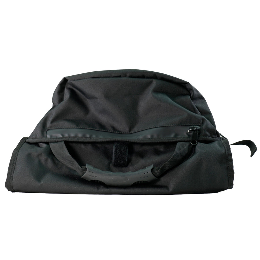 Minelab Detector Backpack flat top view with rubber handle and pouch pocket with zipper