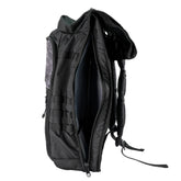 Minelab Detector Backpack side view with with back pocket un zipped to show interior.  Elastic accessory straps on the side.