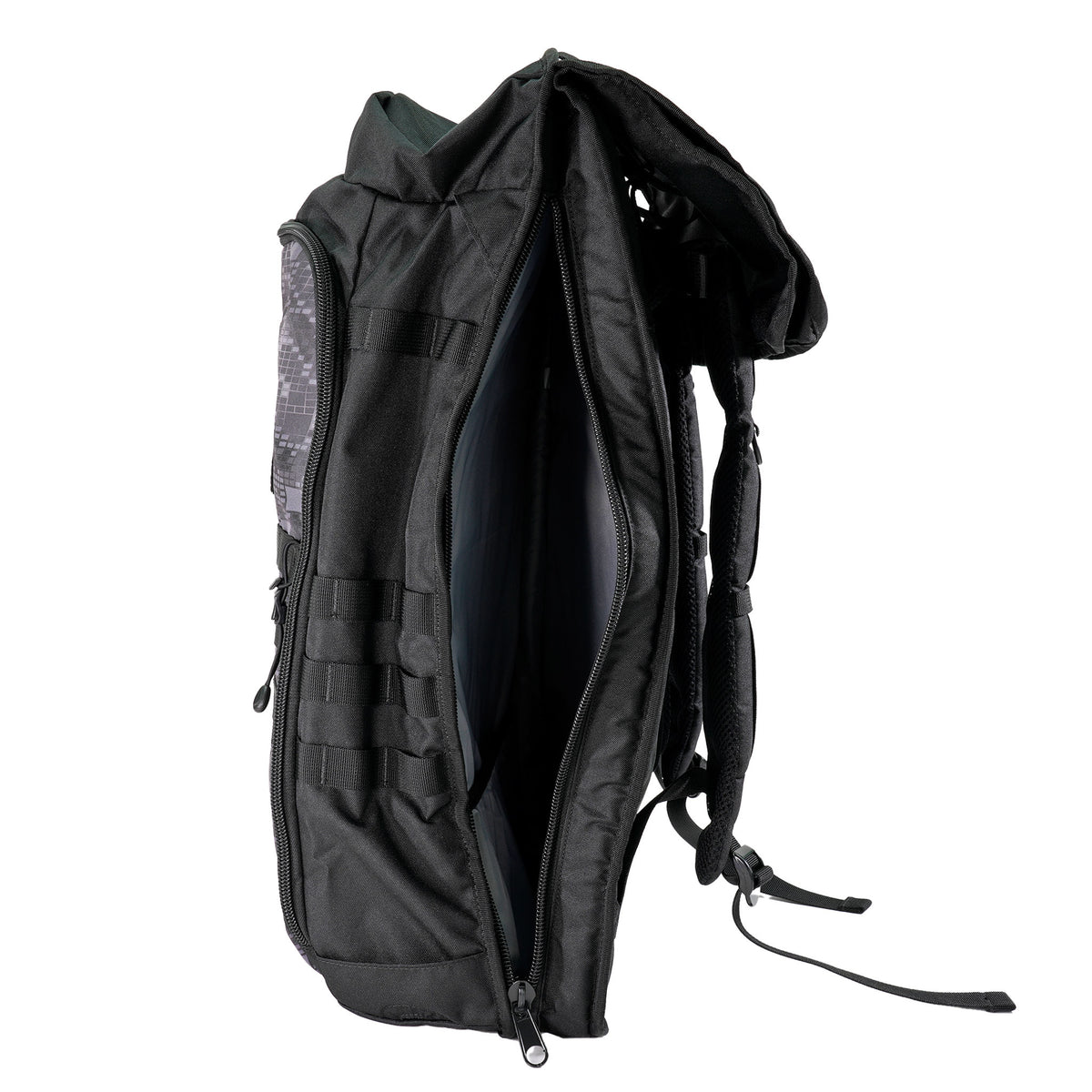 Minelab Detector Backpack side view with with back pocket un zipped to show interior.  Elastic accessory straps on the side.