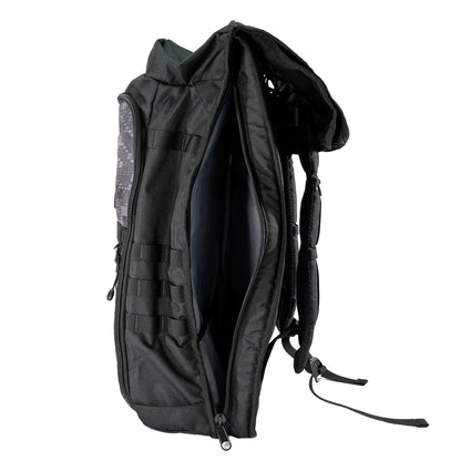 Minelab Detector Backpack side view with with back pocket un zipped to show interior.  Elastic accessory straps on the side.