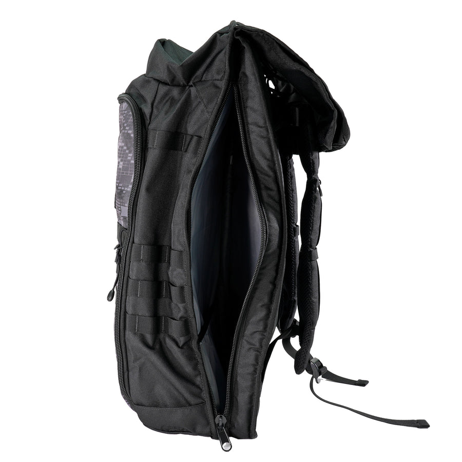 Minelab Detector Backpack side view with with back pocket un zipped to show interior.  Elastic accessory straps on the side.