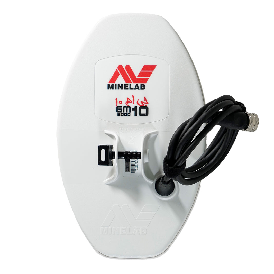 White Minelab GM 10 search coil on a white background. 