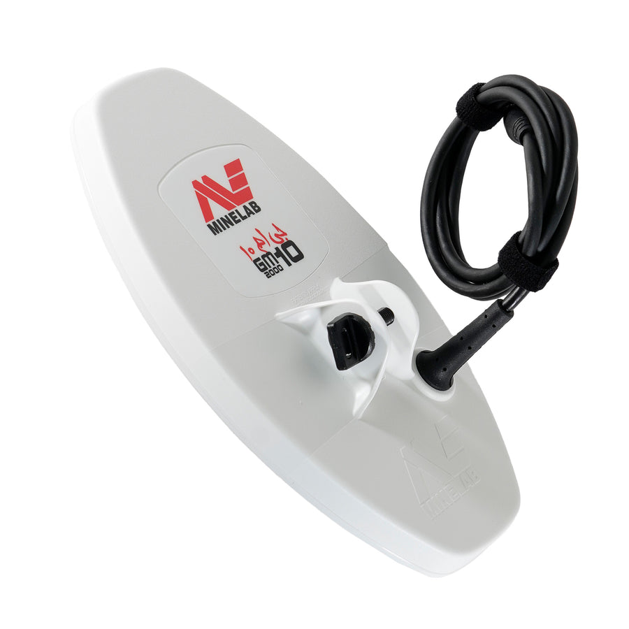 Side view of the Minelab GM 10 search coil on a white background. 