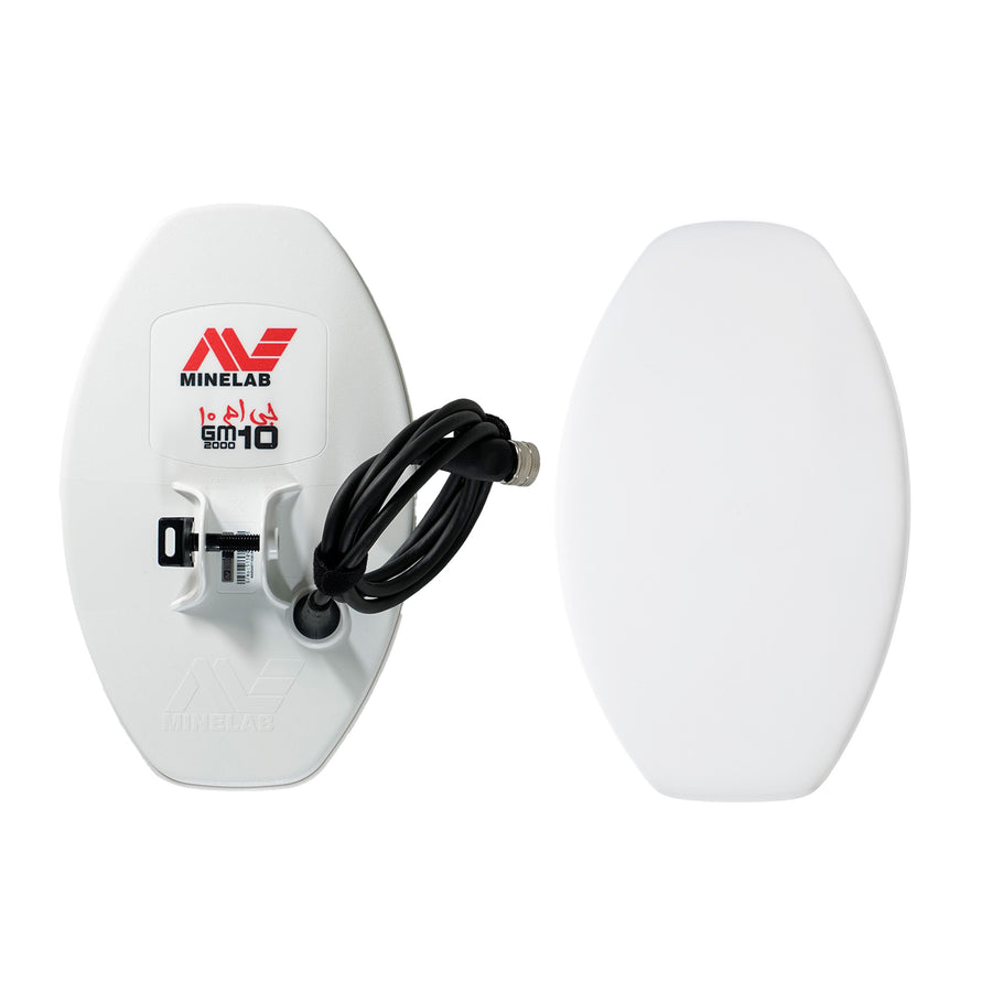 White Minelab GM 10 search coil next to its included skid plate, on a white background. 