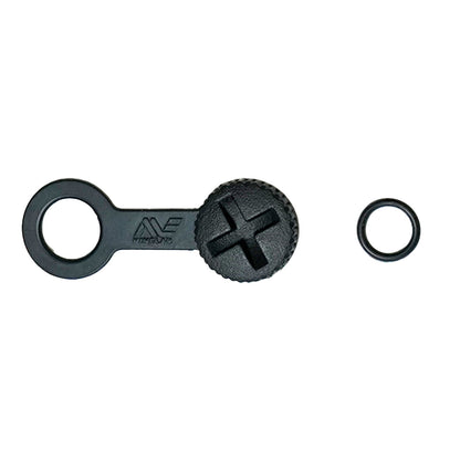 A black plastic cap with tether and a separate small O-ring to the right, shown on a plain white background.